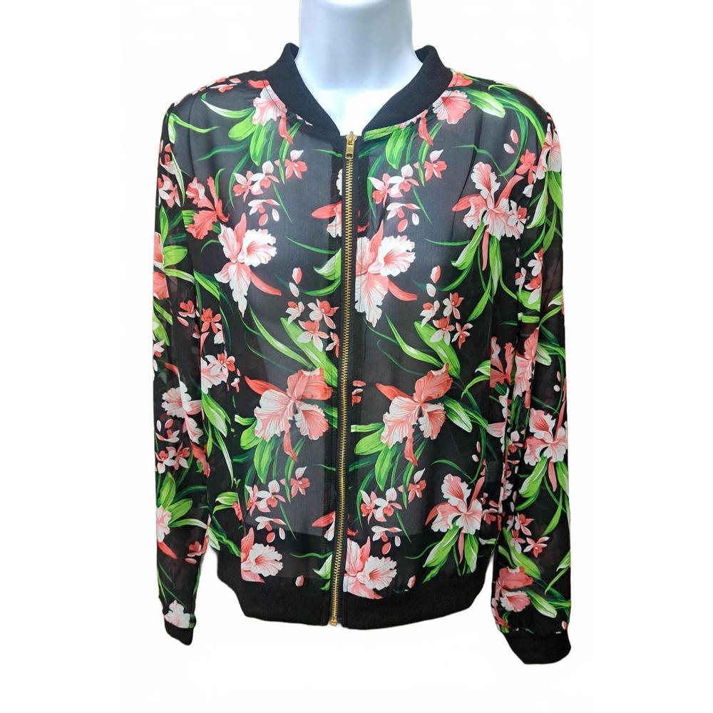 NEW DAY & NIGHT women's floral zip up see thru jacket in black